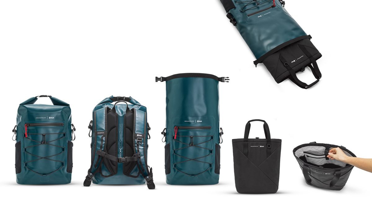 Visuale frontale, posteriore e interna degli zaini e borse impermeabili Groundtruth x PADI, con design modulare e dettagli tecnici per uso outdoor e subacqueo.
