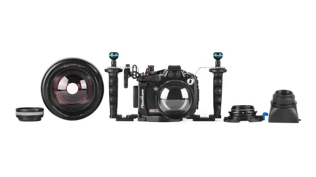 Custodia subacquea Nauticam NA-CV1 per Canon PowerShot V1 con porta cupola, maniglie e accessori ottici