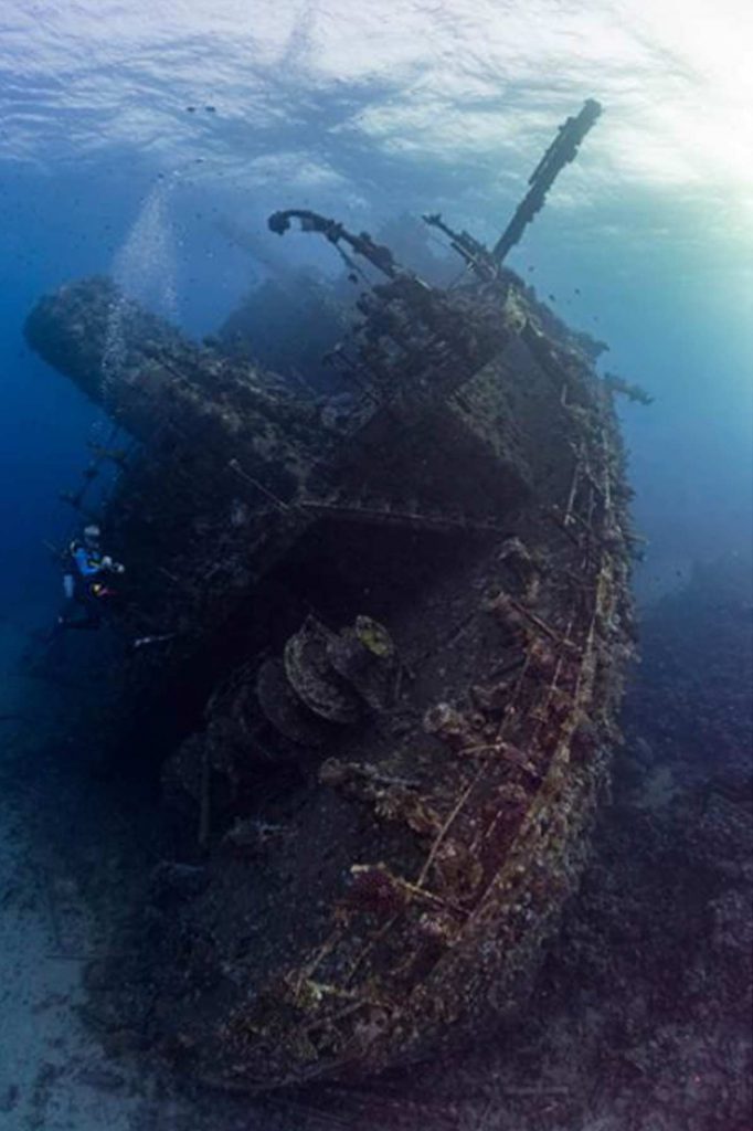 Un subacqueo esplora un antico relitto sottomarino.