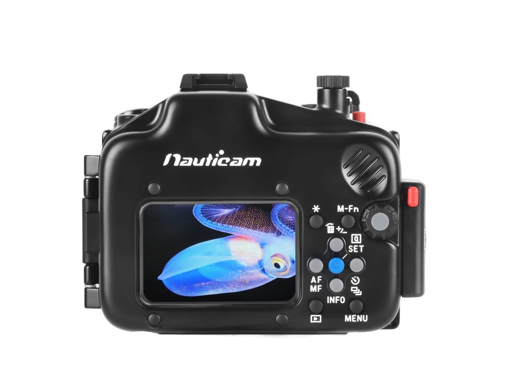 Vista posteriore della custodia Nauticam NA-CV1 per Canon PowerShot V1 con controlli operativi e porta M16